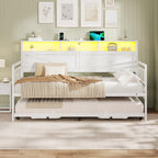 VIAGDO Day Bed with Trundle Bed Twin, Wood Day Bed with Hidden Storage Headboard, Farmhouse Daybed with Charging Station and LED Lights, Twin to King Daybed for Living Room, Guest Room, White