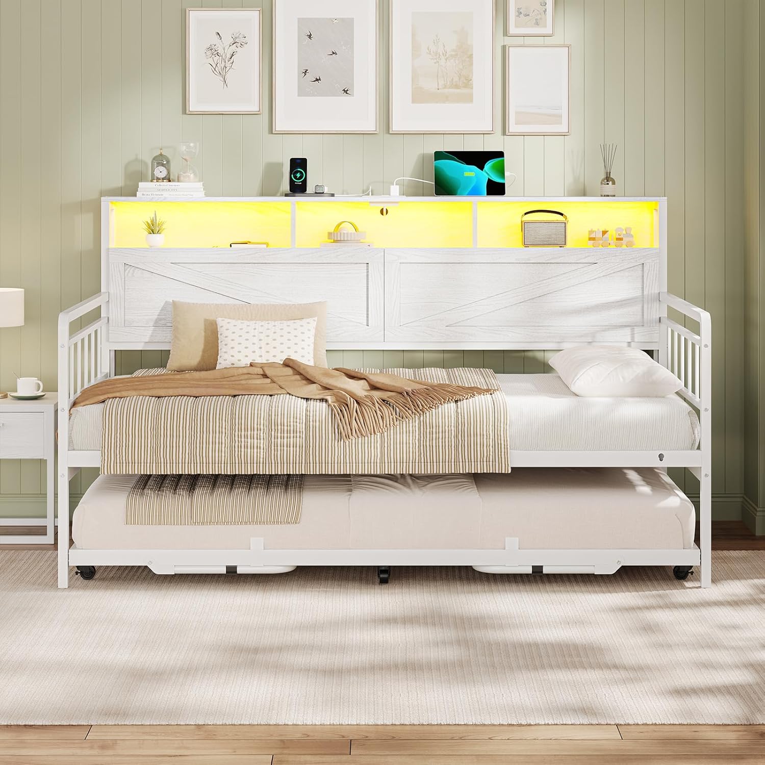 VIAGDO Day Bed with Trundle Bed Twin, Wood Day Bed with Hidden Storage Headboard, Farmhouse Daybed with Charging Station and LED Lights, Twin to King Daybed for Living Room, Guest Room, White