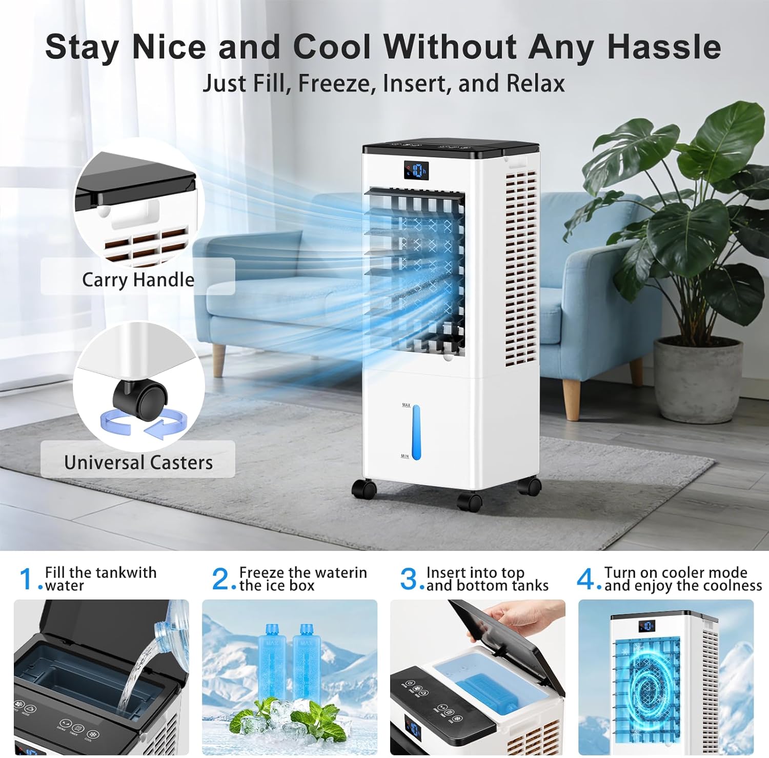 Portable Air Conditioners, 4-IN-1 Evaporative Air Cooler, Portable AC Unit w/ 4 Modes & 3 Speeds, Swamp Cooler w/ 12H Timer & Remote, Fast Cooling Room Air Conditioner for Bedroom Home Office Garage