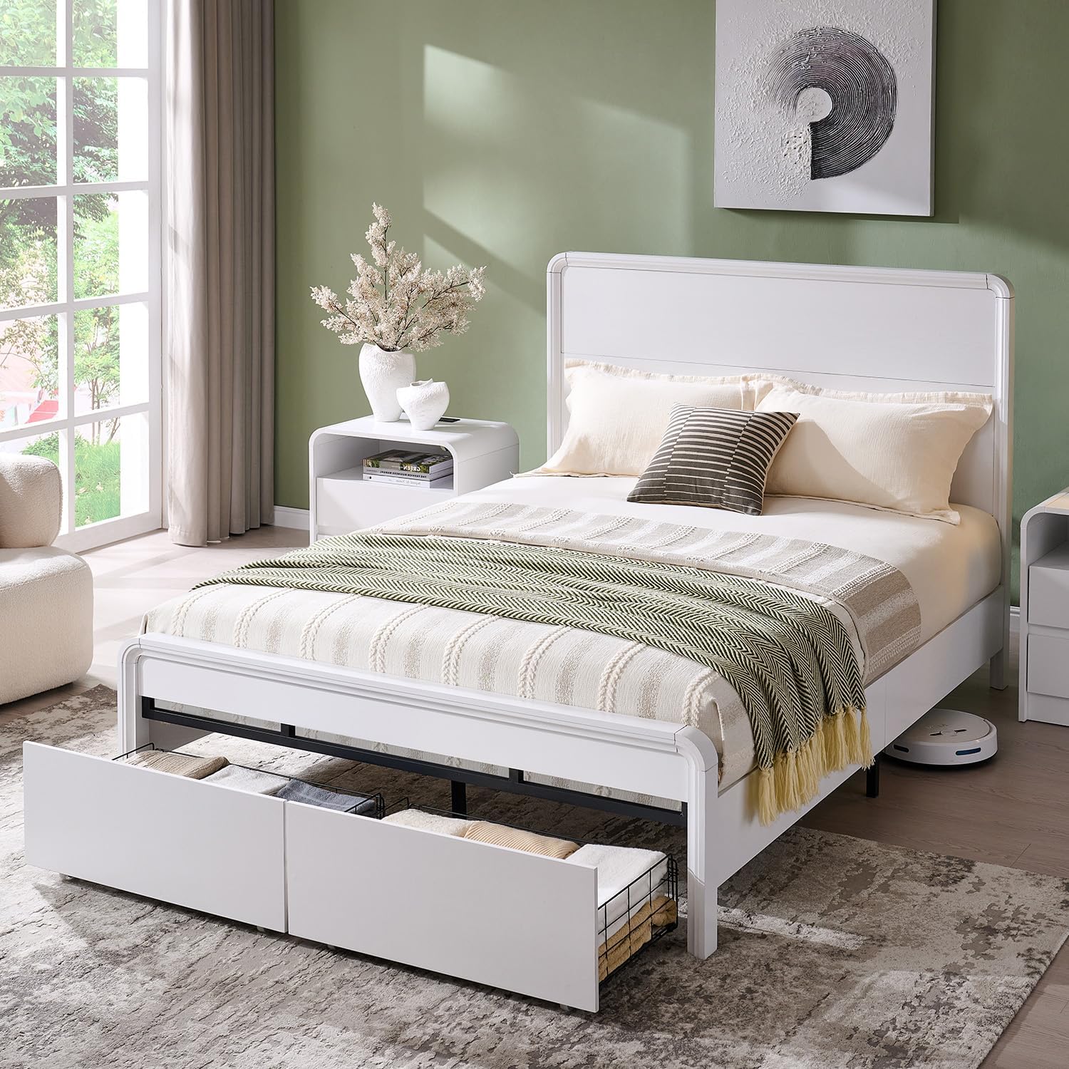 Modern Queen Size Bed Frame with 50" Tall Headboard, Wood Queen Size Platform Bed Frame w/3 Storage Drawers, Curved Profile Design, Wood & Steel Platform Bed, No Box Spring Needed, White
