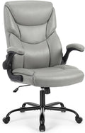 Sweetcrispy Office Computer Gaming Chair, Ergonomic High Back Heavy Duty Task Desk Chairs with Wheels, Flip-up Arms, Adjustable Height, PU Leather, Grey