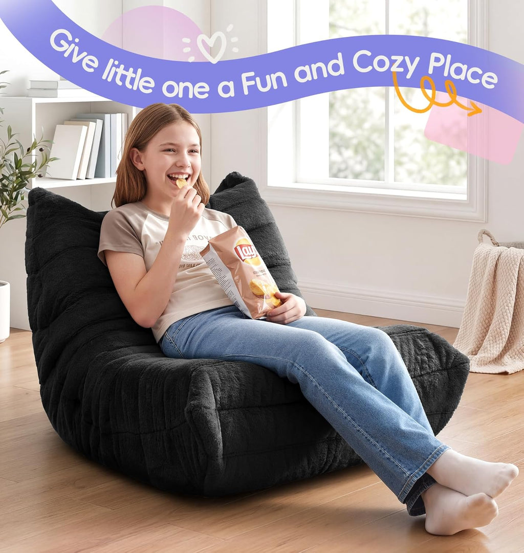 Hobestluk Bean Bag Chair with Memory Foam Ultra Soft Faux Fur Fabric Ergonomic Design Small Bean Bag Couch Beanbag Chair for Living Room Bedroom Playroom(Black Plush Medium)