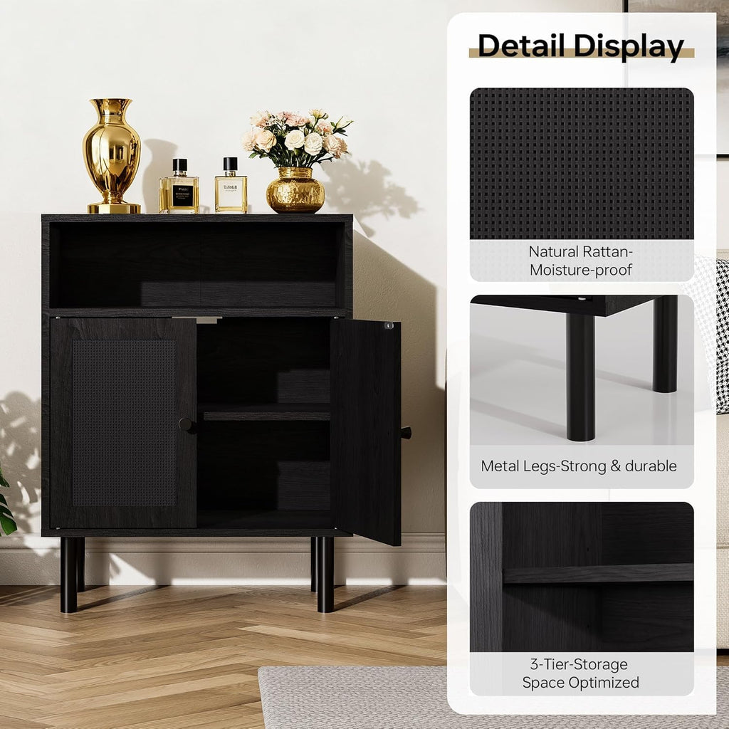 Rattan Storage Cabinet, Boho Accent Cabinet with Double Doors, Small Freestanding Sideboard for Hallway, Laundry Room,Kitchen, Dining Room, Entryway (Black)
