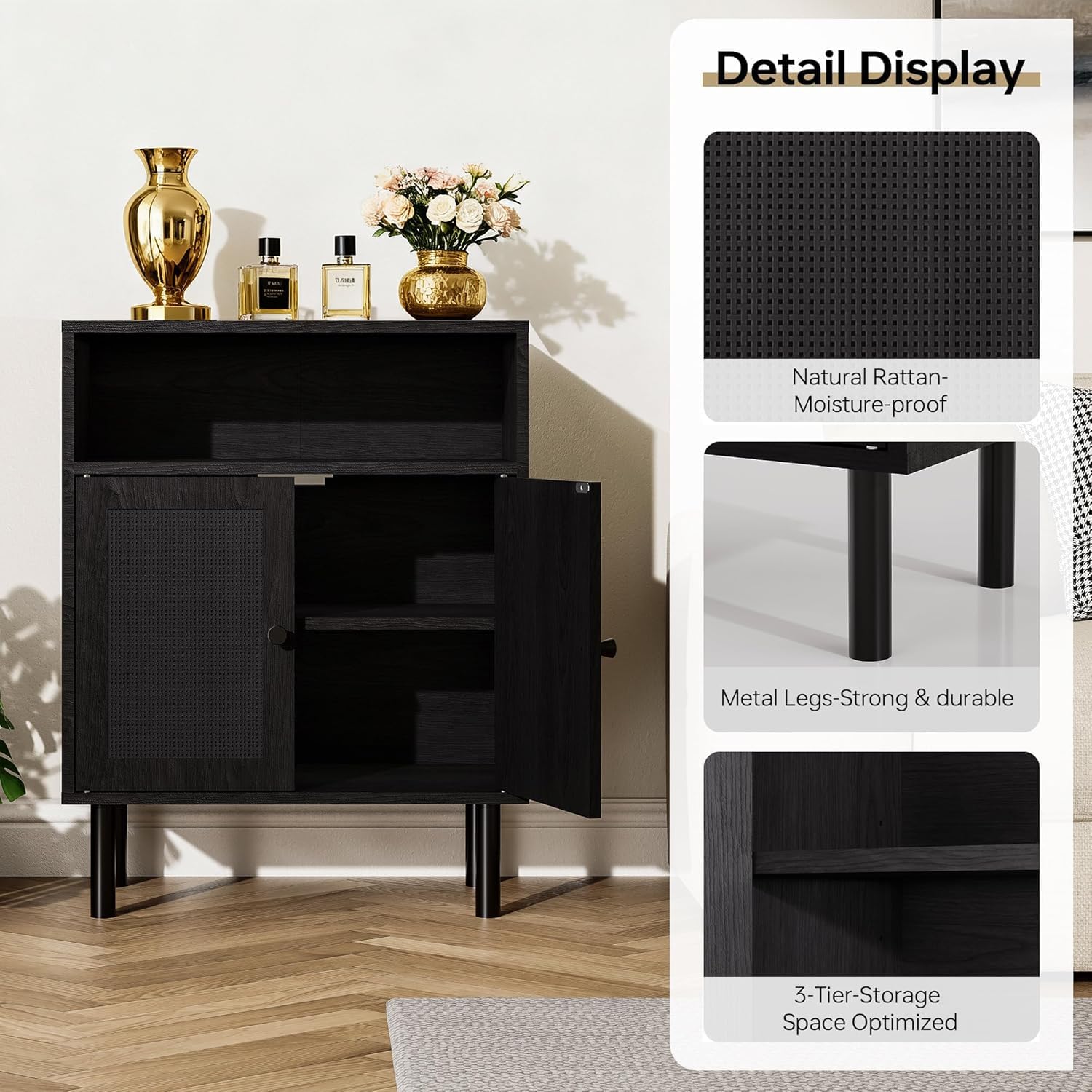 Rattan Storage Cabinet, Boho Accent Cabinet with Double Doors, Small Freestanding Sideboard for Hallway, Laundry Room,Kitchen, Dining Room, Entryway (Black)