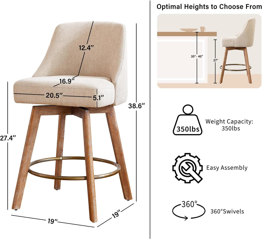 Counter Height Bar Stools,Sand-Colored Linen Comfort Fabric Bar Stool Set of 3 .360° Swivel Counter Height Stools Solid Wood Legs,27'' Barstools with Contoured Backrest
