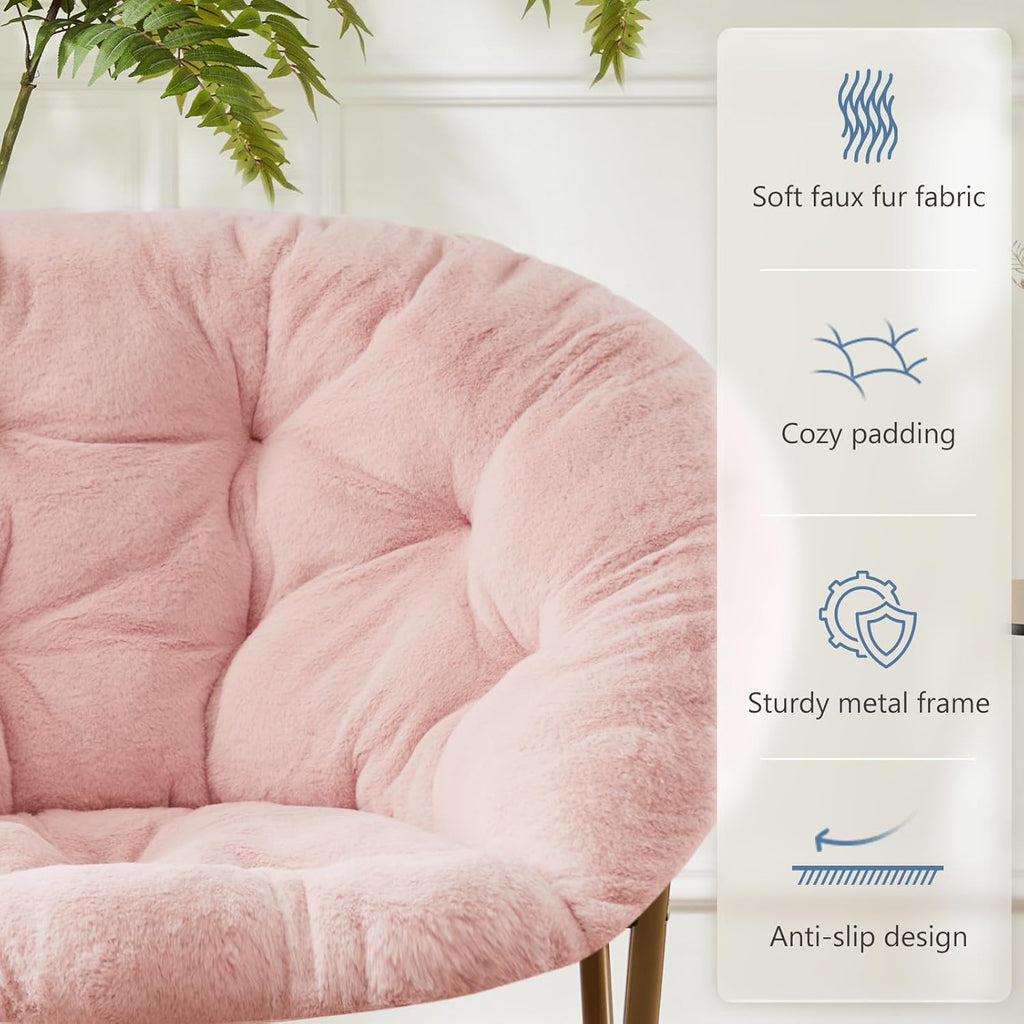 DUMOS Comfy Saucer Chair,Faux Fur Lounge Seasting XL Circle Chair for Bedroom, Dorm & Gaming, Foldable Fashion Accent Seat for Small Spaces, Folding Moon/Mushroom/Round Oversized Style,Hot Pink