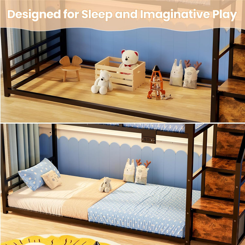 Low Bunk Bed Twin Over Twin with Storage Staircase, RGB LED Lights, Drawers & Shelves, Metal Bunk Beds for Kids with Power Outlet, Double Full-Length Guardrails & Metal Slats for Small Space, Black