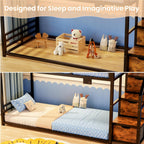 Low Bunk Bed Twin Over Twin with Storage Staircase, RGB LED Lights, Drawers & Shelves, Metal Bunk Beds for Kids with Power Outlet, Double Full-Length Guardrails & Metal Slats for Small Space, Black