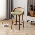 26" Swivel Rattan Bar Stools Set of 2,Mid-Century Modern Green Faux Leather Upholstered Counter Height Stools,Kitchen Island Barstools with Rattan Low Backrest,Walnut Wood Finish Bar Chairs