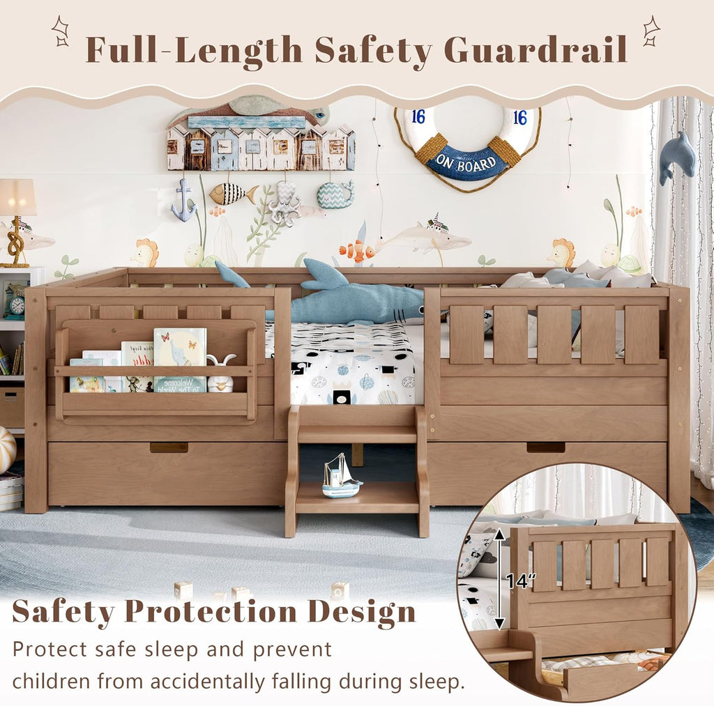 Bellemave Full Size Kids Montessori Bed with Stairs and Bookshelf,Solid Wood Full Size Kids Bed Frame with 2 Storage Drawers for Kids Girls Boys,Low-Profile,Natural
