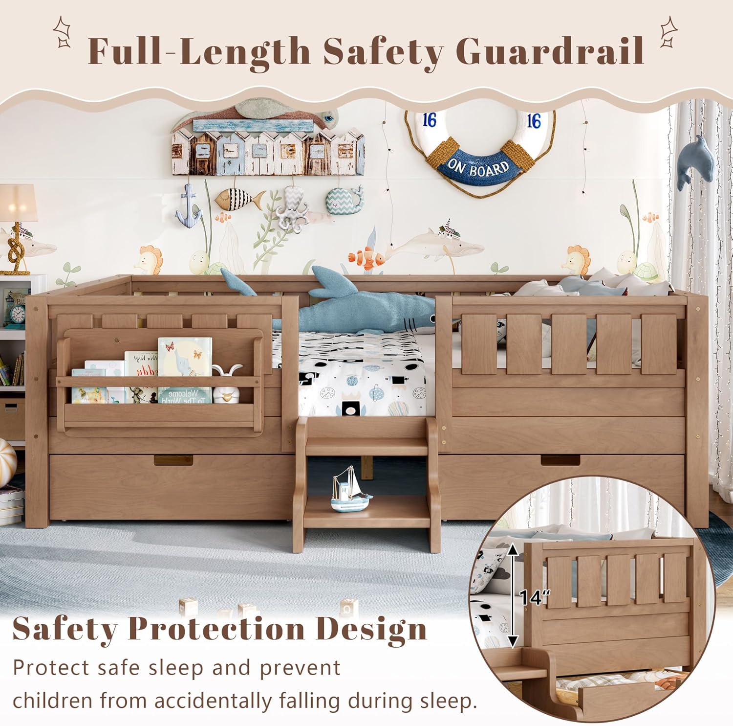 Bellemave Full Size Kids Montessori Bed with Stairs and Bookshelf,Solid Wood Full Size Kids Bed Frame with 2 Storage Drawers for Kids Girls Boys,Low-Profile,Natural