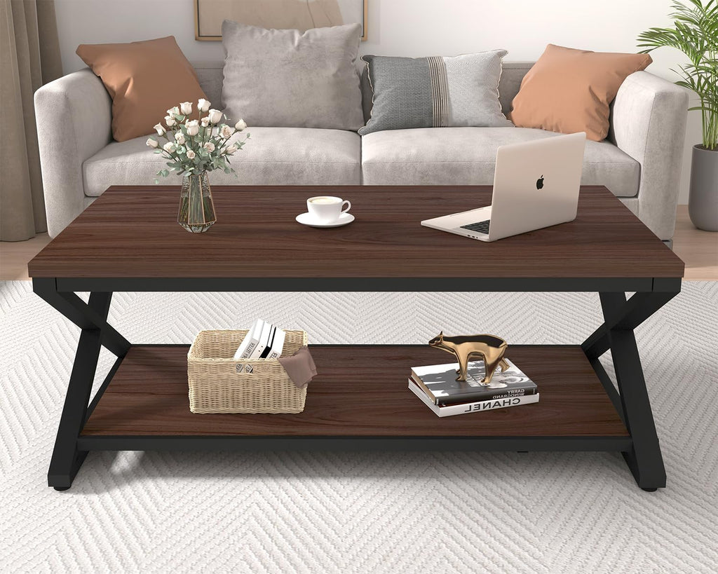 HSH Walnut 2 Tier Storage Coffee Table, Modern Rectangle Center Table for Living Room, Industrial Minimalist Wooden Metal Cocktail Tea Table, Home Office Rustic Simple Display Coffee Table, 39 Inch