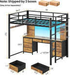 ADORNEVE Full Size Loft Bed with Desk and 8 Storage Drawers, Metal Loft Beds Full with LED Lights & Charging Sation, Heavy Duty Loft Bed Frame with 6 Storage Shelves, Space-Saving, Rustic Brown