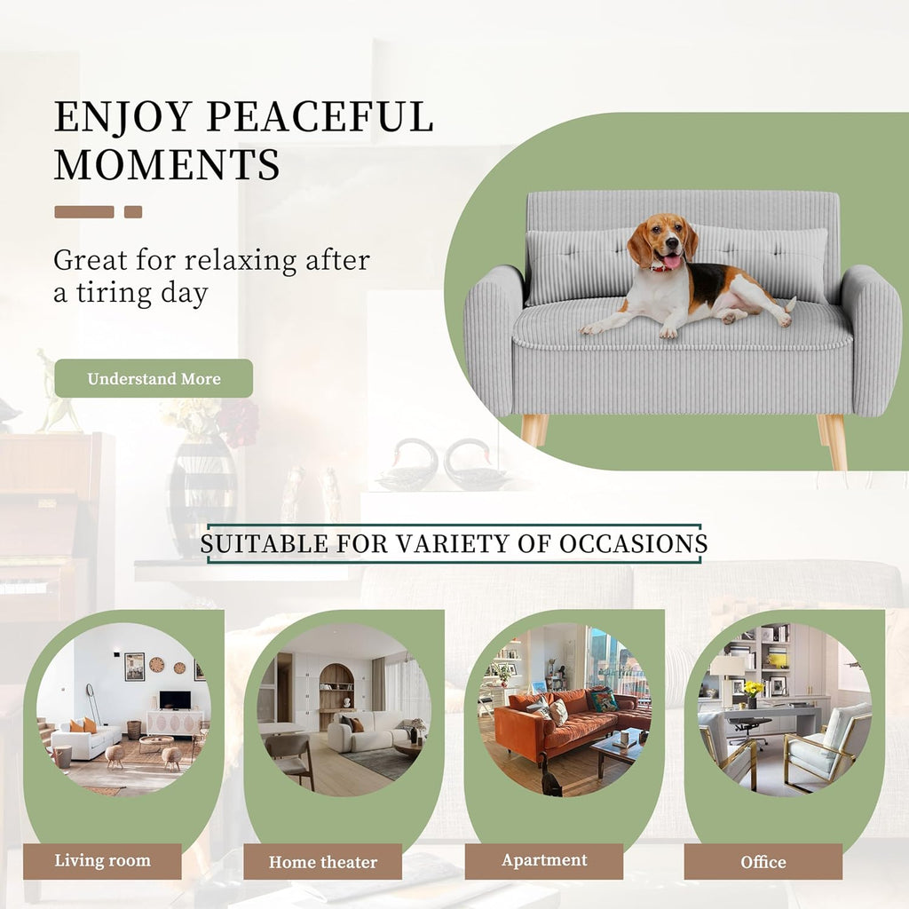 Vongrasig 48" Small Modern Loveseat Sofa, Mid Century Soft Corduroy Fabric 2-Seat Sofa Couch Tufted Love Seat with Back Cushions and Tapered Legs for Living Room, Bedroom and Small Space (Light Gray)