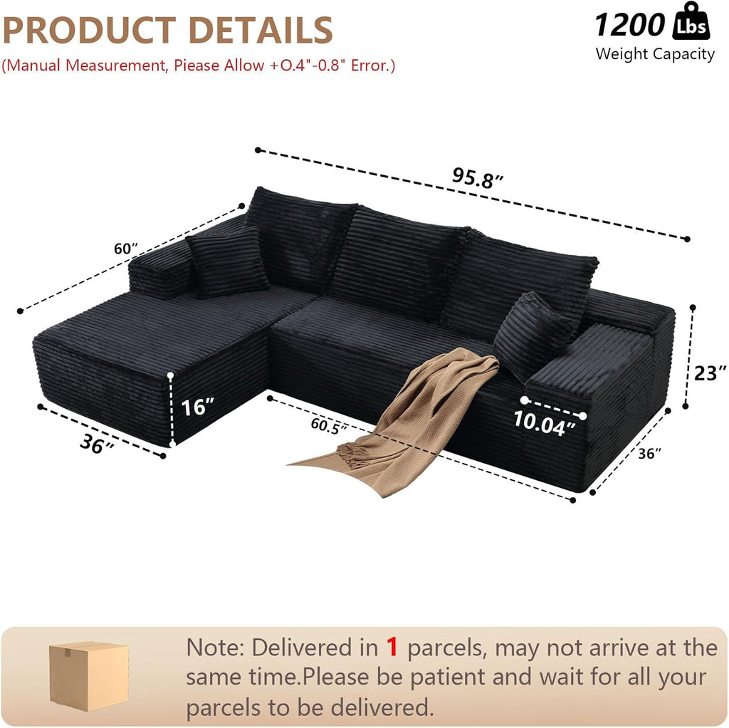 96" Modular Sectional Sofa, Modern Corduroy Cloud Couch with Deep Seat, Boneless Couch Upholstered 3-Seater L-Shaped Sofa for Living Room, No Assembly Required(Black, Left-Facing Chaise)