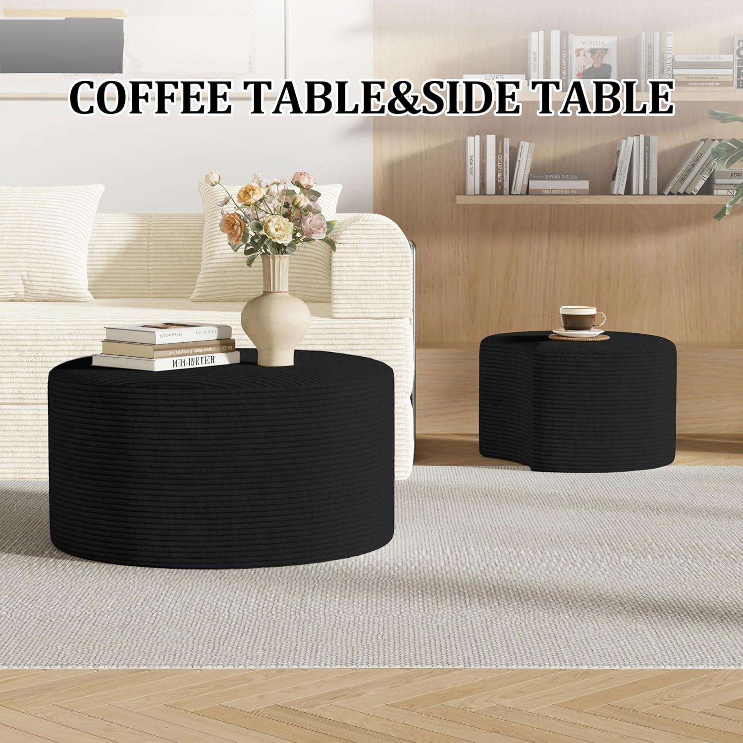Round Nesting Coffee Table Set of 2,Upholstered Foam Ottoman Footrest Side Table Set,Modern Flannel Circle Coffee Table No Assembly for Living Room Entryway Bedroom,Black