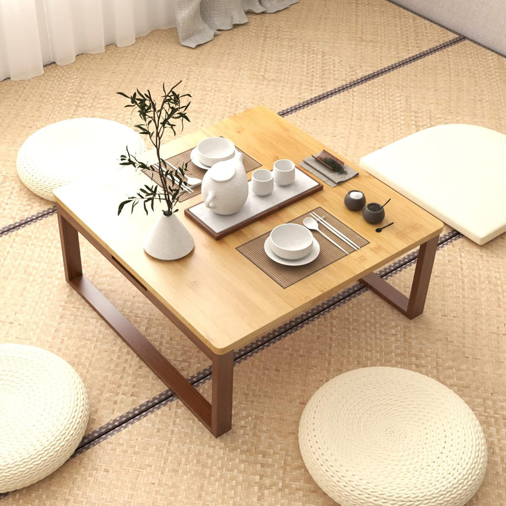 soges Small Foldable Coffee Table, Wooden Low Table for Sitting on The Floor, Bamboo Floor Desk, Japanese Dining Table, Tatami Table for Living Room Bedroom, 60HSLZCT03BB