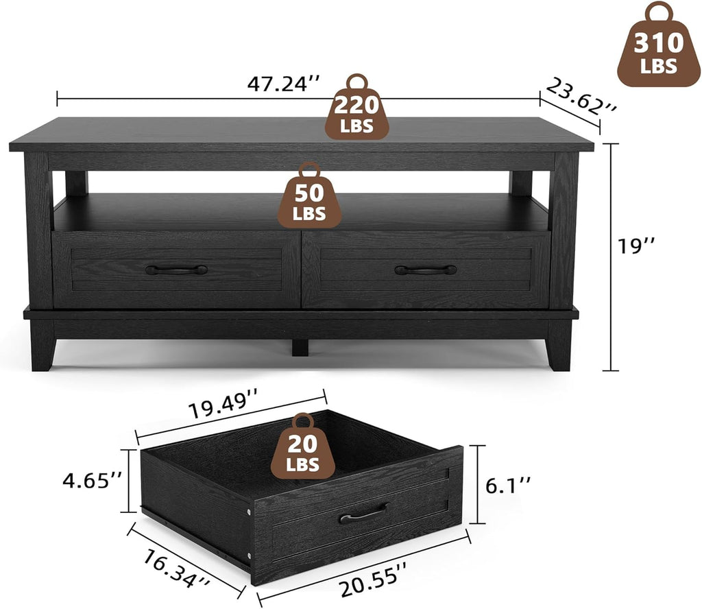 GarveeHome Farmhouse Coffee Table with Drawers, 47.2 in Center Table Rustic Coffee Tables Black Living Room Table, with Open Shelf and 6 Support Legs
