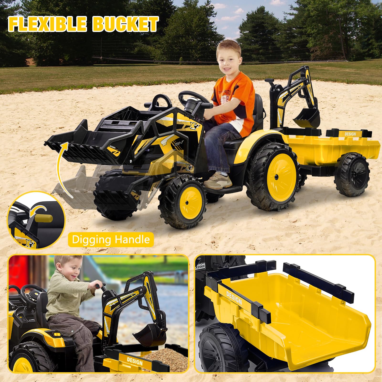 3-in-1 Ride-On Tractor, 24V Electric, Excavator & Bulldozer, Remote Control, LED, Music, USB/Bluetooth max 66 lbs – Bright-yellow