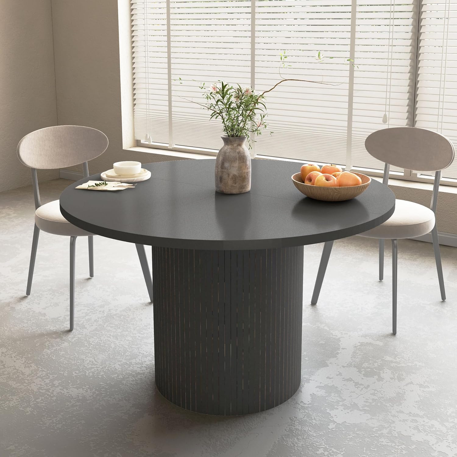weselon Round Dining Table for 4, Modern Farmhouse Kitchen Table, 47 Inch Small Circle Dining Tables with Wood Strip Base for Kitchen Living Room (Black)