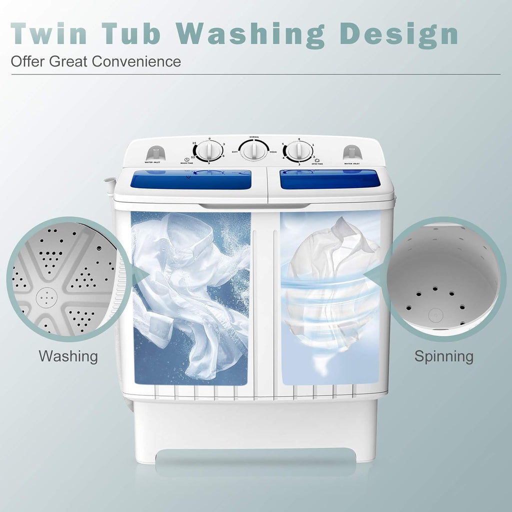COSTWAY Portable Washing Machine, Twin Tub 20 Lbs Capacity, Compact Laundry Washer(12 Lbs) and Spinner(8 Lbs), Durable Design, Timer Control, Perfect for RV, Apartments and Dorms, Blue+White