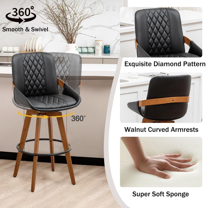 26 Inch Counter Height Stools Set of 2, Modern Mid Century Upholstered Upholstered Swivel Stool with Curved Back and Arms for Kitchen Island, Black