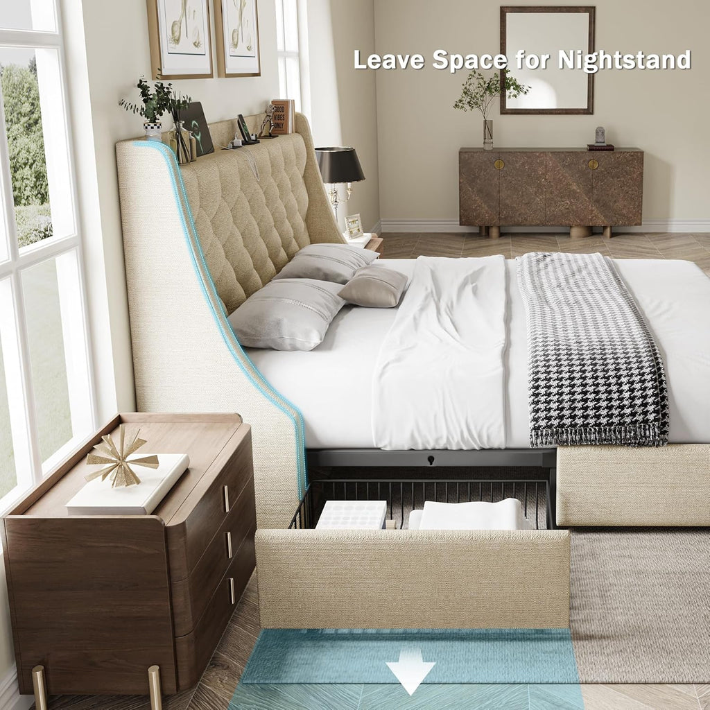 Queen Bed Frame with 4 Storage Drawers, Huge Upholstered Wingback Headboard, Fast Charging Station, No Box Spring Needed, Noise-Free, Beige