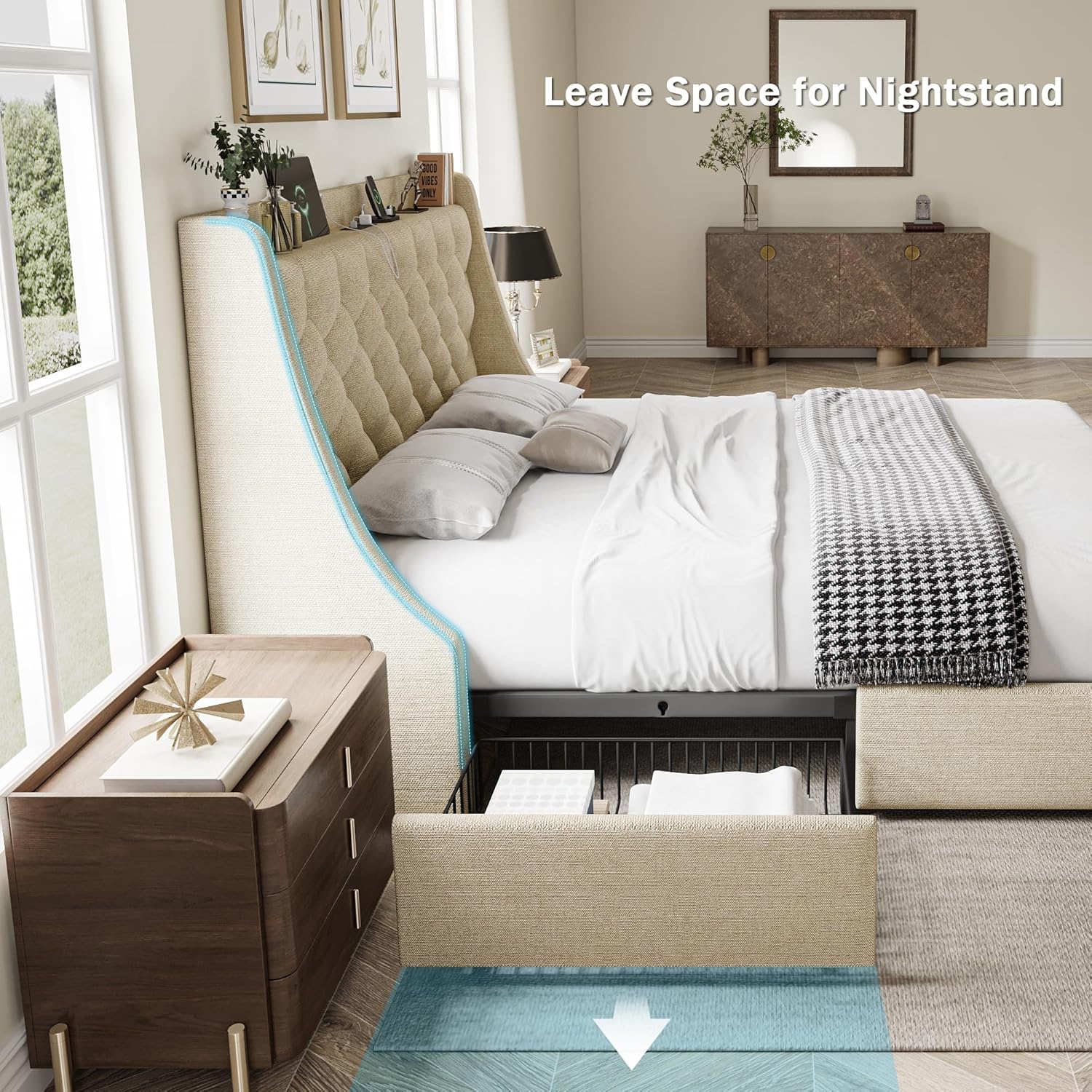 Queen Bed Frame with 4 Storage Drawers, Huge Upholstered Wingback Headboard, Fast Charging Station, No Box Spring Needed, Noise-Free, Beige
