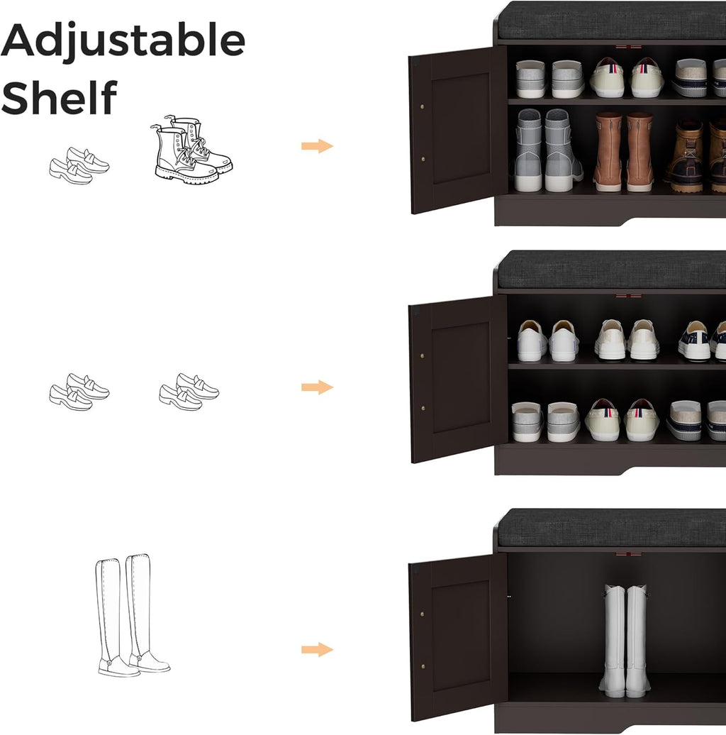 Homleke 2-Tier Storage Bench, Shoe Bench with Thickened Padded Seat Cushion, Entryway Bench with 4 Doors, Adjustable Shelf, 13.8" D x 45.3" W x 18.5" H, for Entryway, Living Room, Bedroom, Brown