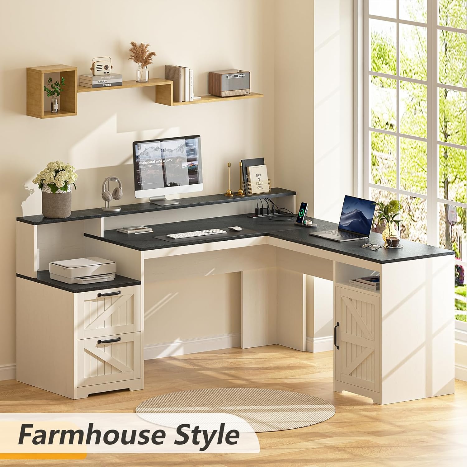 63" Farmhouse L Shaped Executive Desk with Drawers & Storage Shelf, Corner Computer Desk with Power Outlets, L Shaped Office Desk with Monitor Stand, Printer Shelf, Black and White