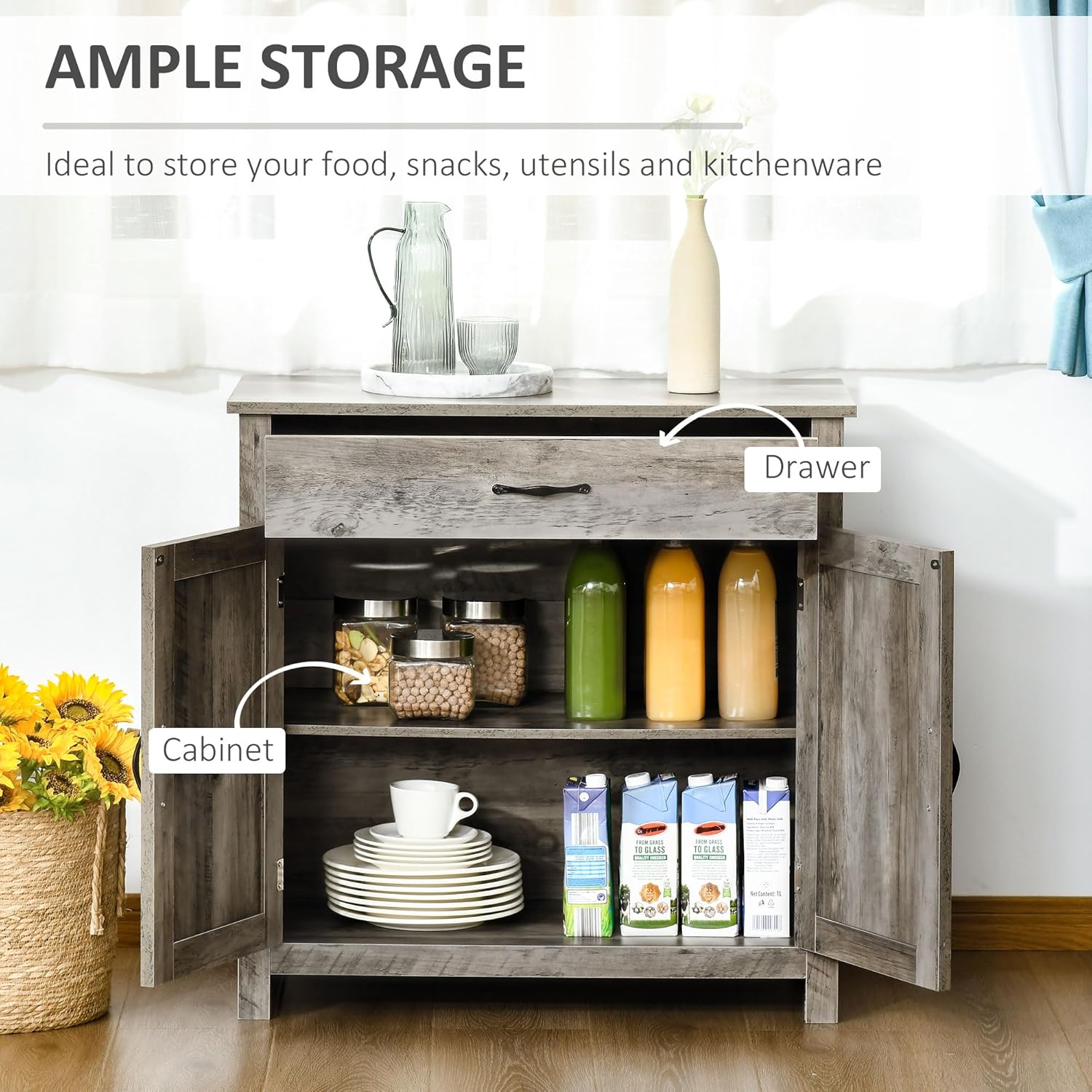 HOMCOM Farmhouse Sideboard Buffet Cabinet, Barn Door Coffee Bar Cabinet with Drawer and Adjustable Shelf for Kitchen, Living Room, Entryway, Gray