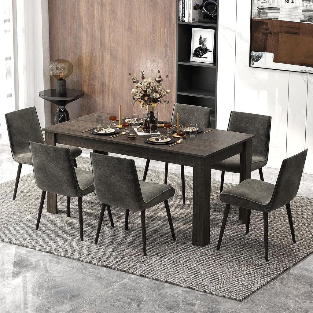 COSTWAY 63' Rectangular Dining Table for 4-6 People, Modern Farmhouse Dinette Table with Large Computer Workstation, Grey