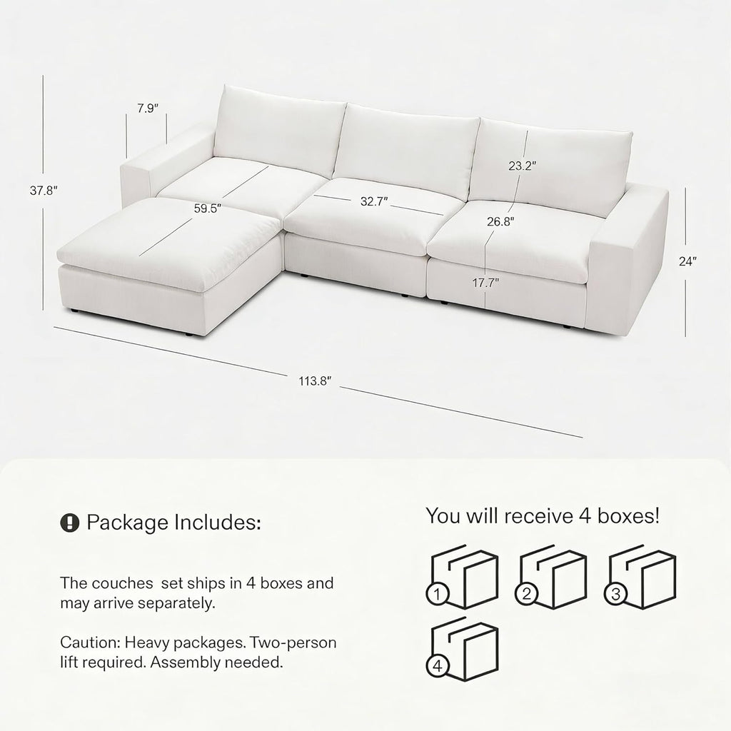 Cloud Couch Sectional 113.8'' Oversized Modular Deep Seat Sofa L Shaped Comfy White Cloud Couch with Washable Cover for Living Room 3 Seater with 1 Ottoman
