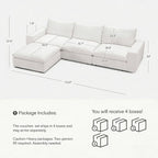 Cloud Couch Sectional 113.8'' Oversized Modular Deep Seat Sofa L Shaped Comfy White Cloud Couch with Washable Cover for Living Room 3 Seater with 1 Ottoman