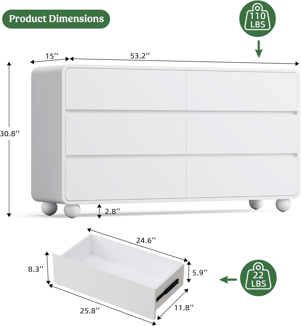Lulive Wood Dresser for Bedroom, 53” Wide Chest of Drawers with 6 Drawers, Modern Closet Storage Drawer with Curved Profile Design for Living Room, Hallway, Entryway, White