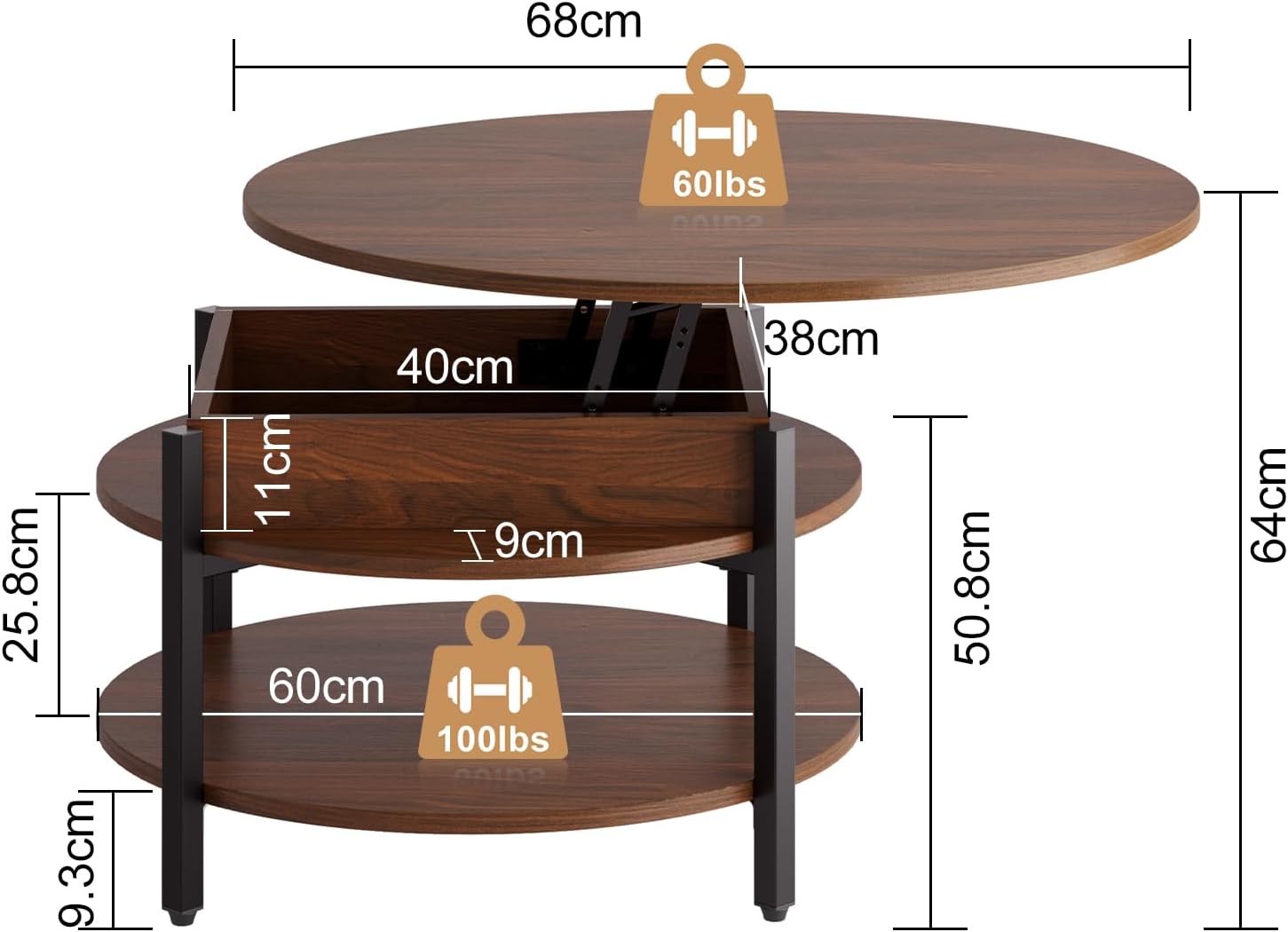 FABATO Round Lift Top Coffee Table with Storage and Hidden Compartment, 26.77'' Farmhouse Coffee Table for Living Room Reception Room, 2 Tier Small Round Coffee Table Circle Dining Table, Espresso