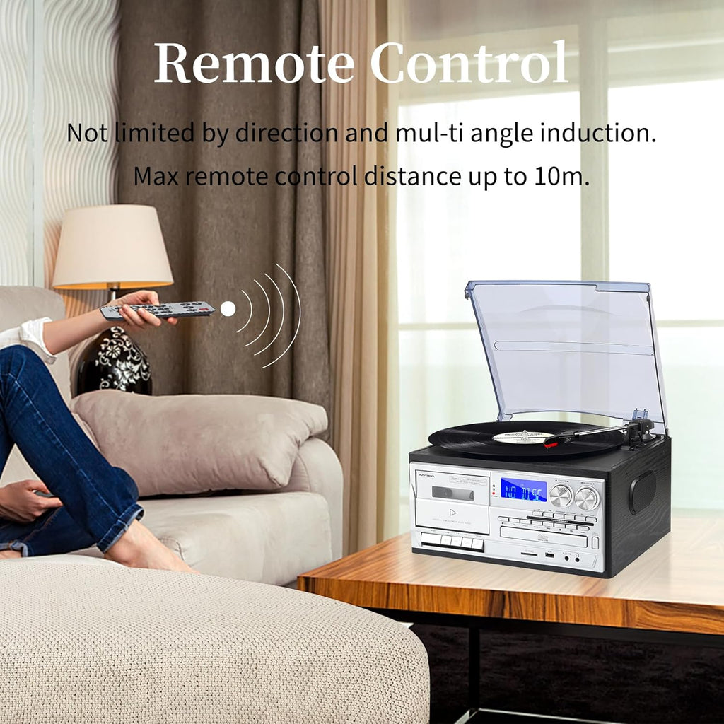 9 in 1 Record Player with External Speakers 3 Speed Bluetooth Turntable Vinyl Player with CD/Cassette Play AM/FM Radio  USB SD/MMC Play  Aux-in/RCA Line Out