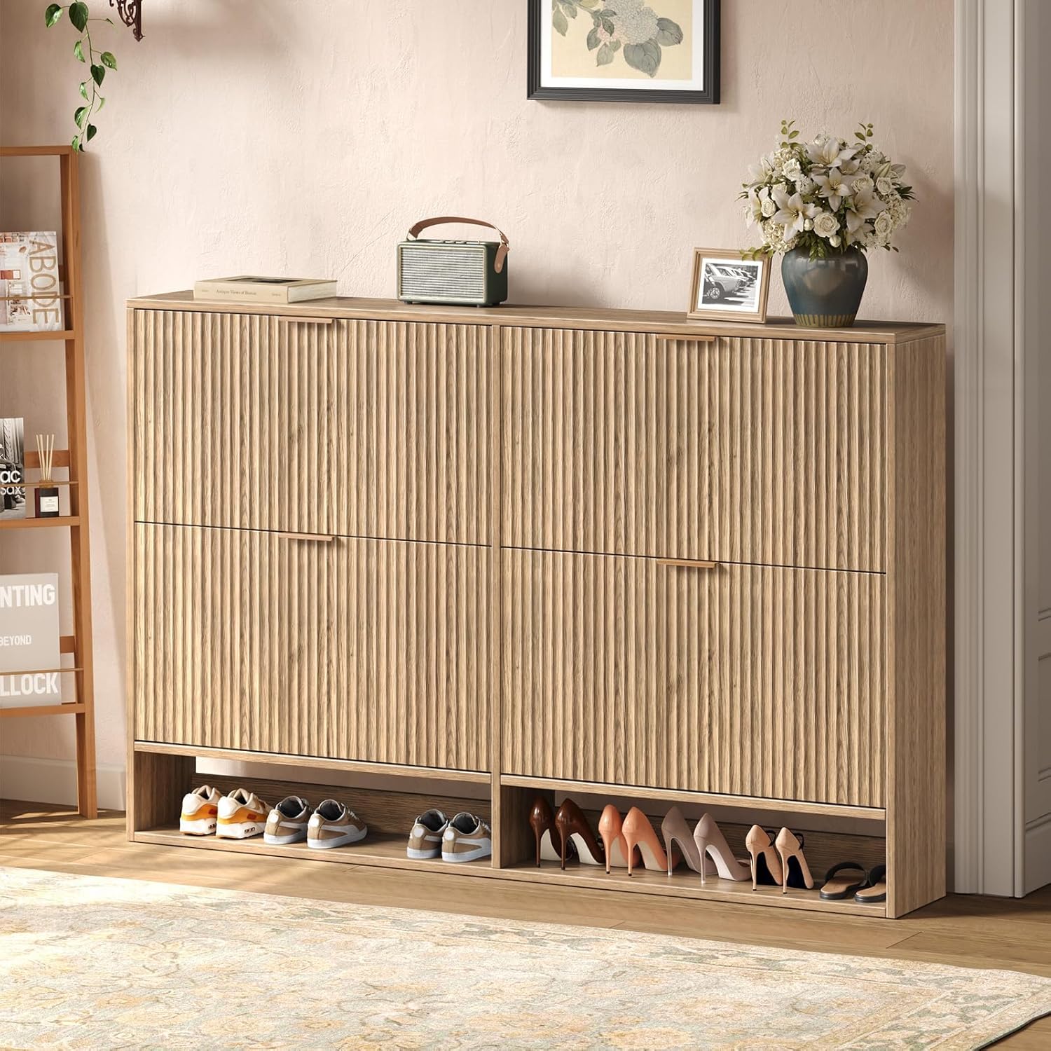 47.2''W Oak Shoe Storage Cabinet for Entryway with 4 Flip Drawers, Narrow Wood Fluted Shoe Rack Cabinet,Freestanding Slim Shoe Organizer Cabinet for Foyer, Hallway