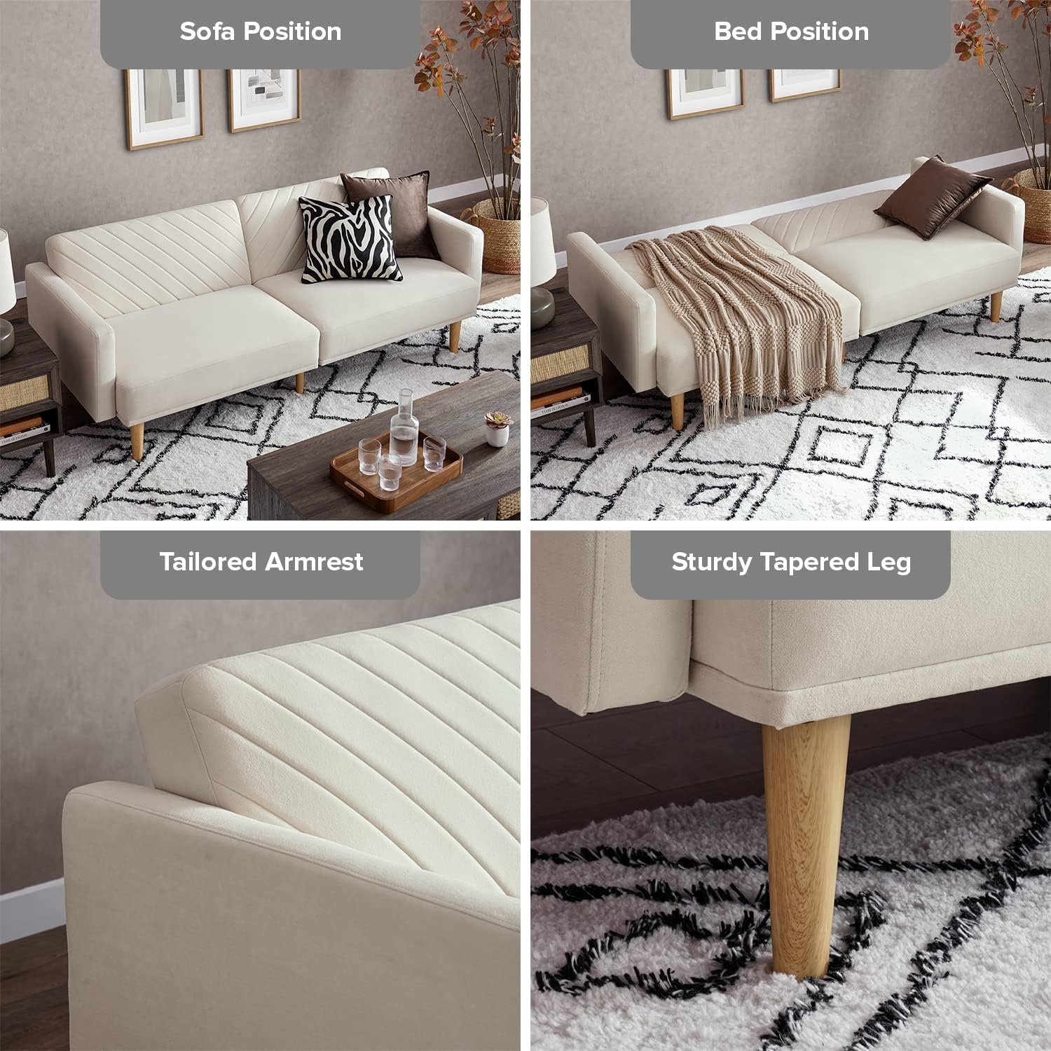 mopio 76.4" Futon Sofa Bed, Couch, Loveseat, Sleeper Sofa, Mid Century Modern Futon Couch, Sofa Cama, Couches for Living Room (Snow Velvet)