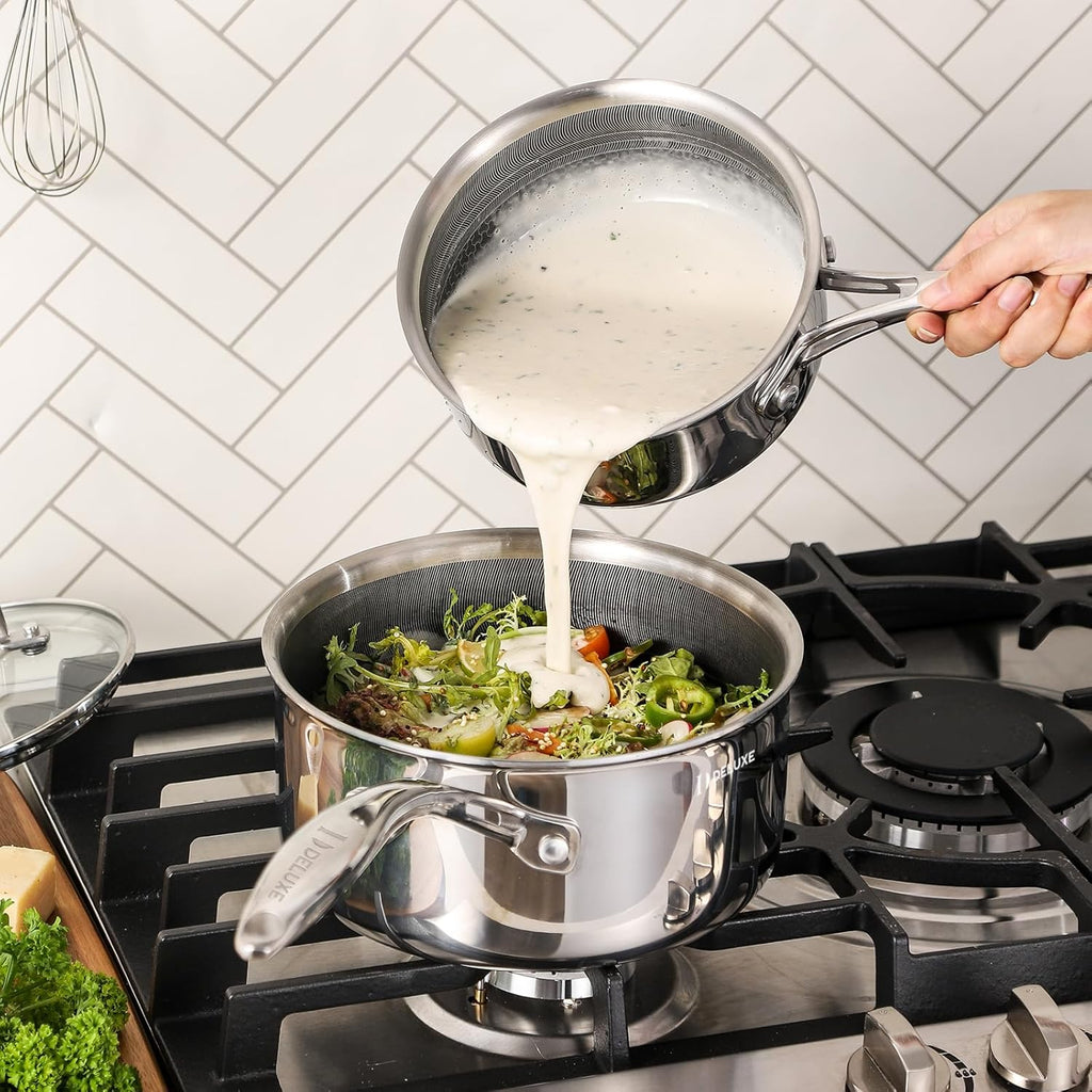 DELUXE Hybrid Ceramic Nonstick 6 PCS Pot Set, 1.3, 3&5.4-Quart Pot with Tempered Glass Lid, Stainless Steel Cookware Pots with Stay-Cool Handle, Dishwasher Safe, Compatible with All Cooktops