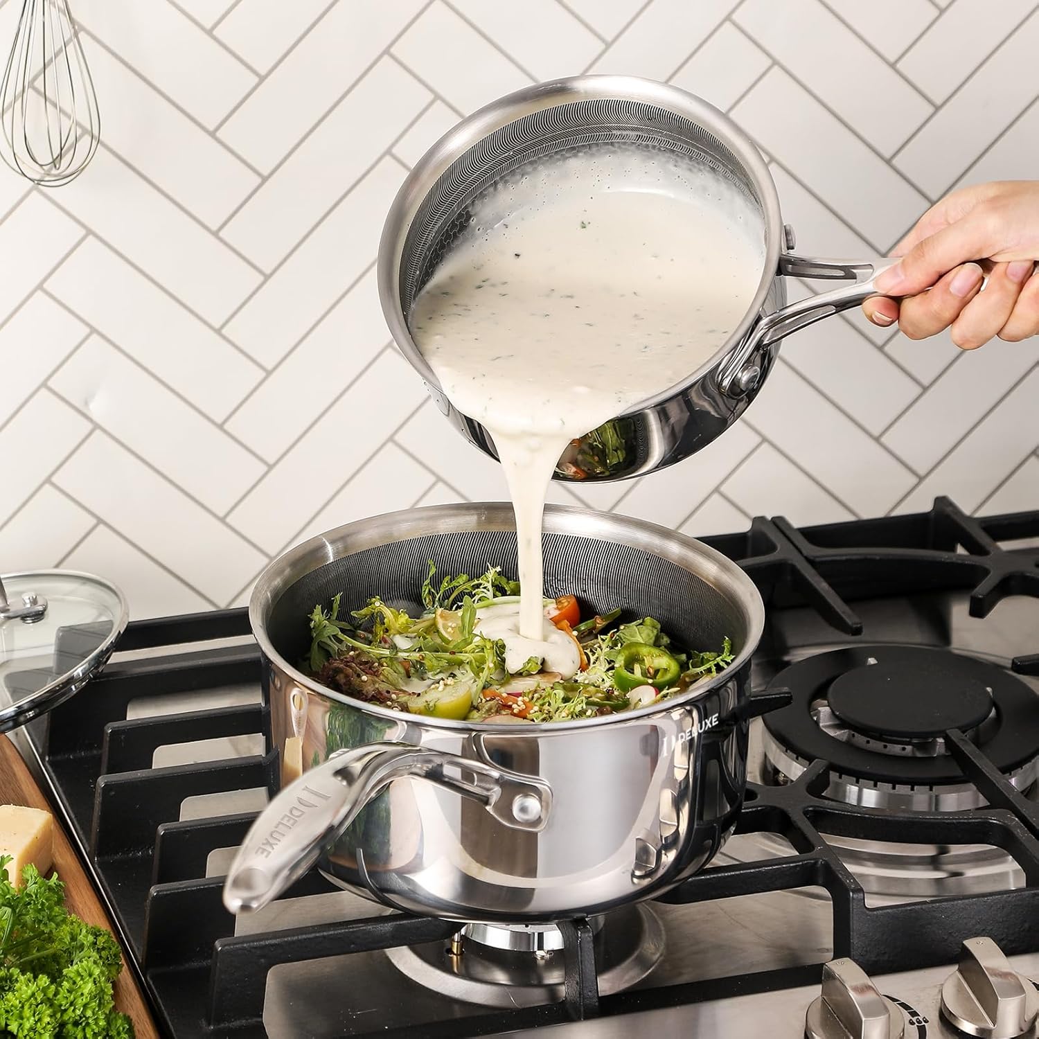 DELUXE Hybrid Ceramic Nonstick 6 PCS Pot Set, 1.3, 3&5.4-Quart Pot with Tempered Glass Lid, Stainless Steel Cookware Pots with Stay-Cool Handle, Dishwasher Safe, Compatible with All Cooktops