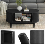 LINSY HOME Round Coffee Table, 31.5" Drum Coffee Table with Sliding Tambour Door, Fluted Accent Center Table with Storage, Mid Century Modern Coffee Table for Living Room (Oval Black)