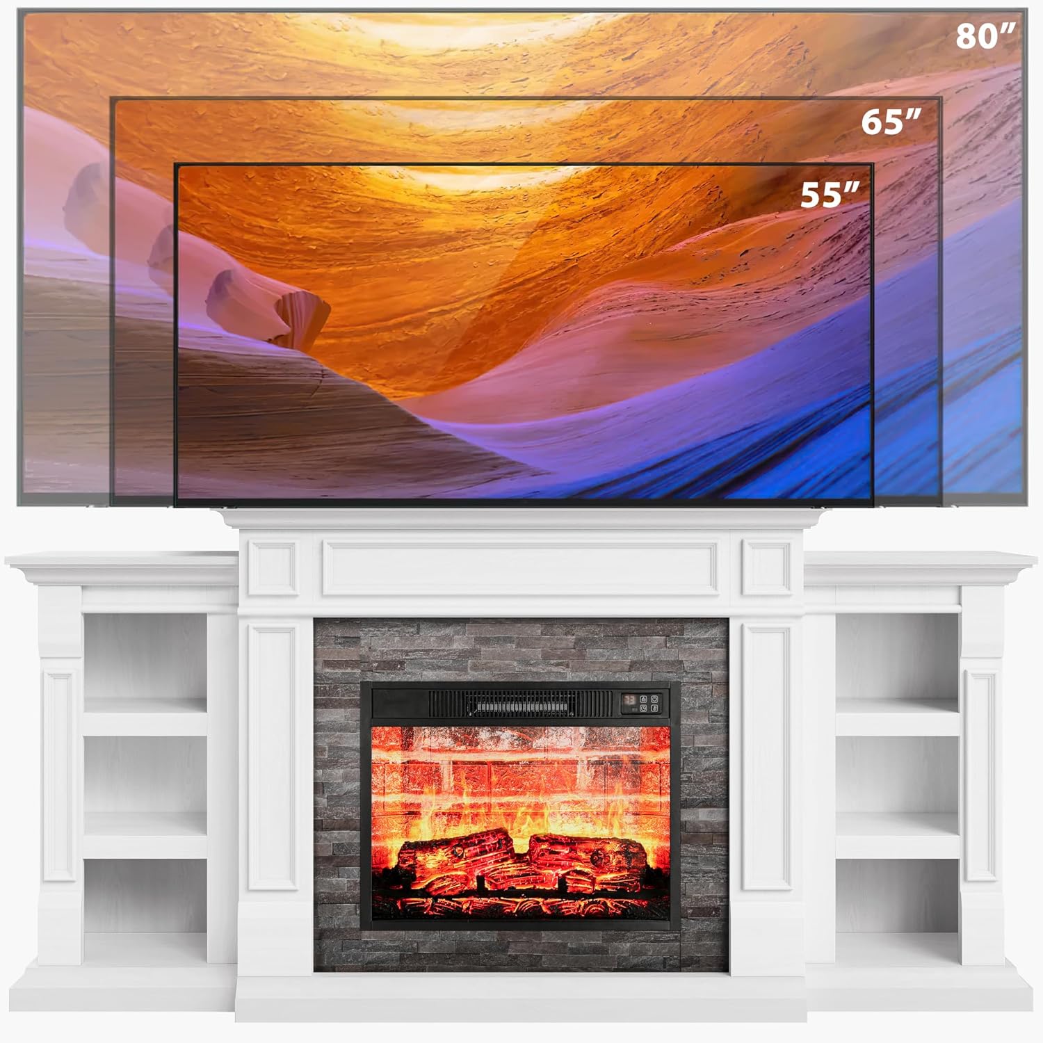 Naice 72" Electric Fireplace with Mantel and Cabinets, Fireplace TV Stand for Living Room Bedroom, Stacked Stone Surround and Remote Control 3D Realistic Flame