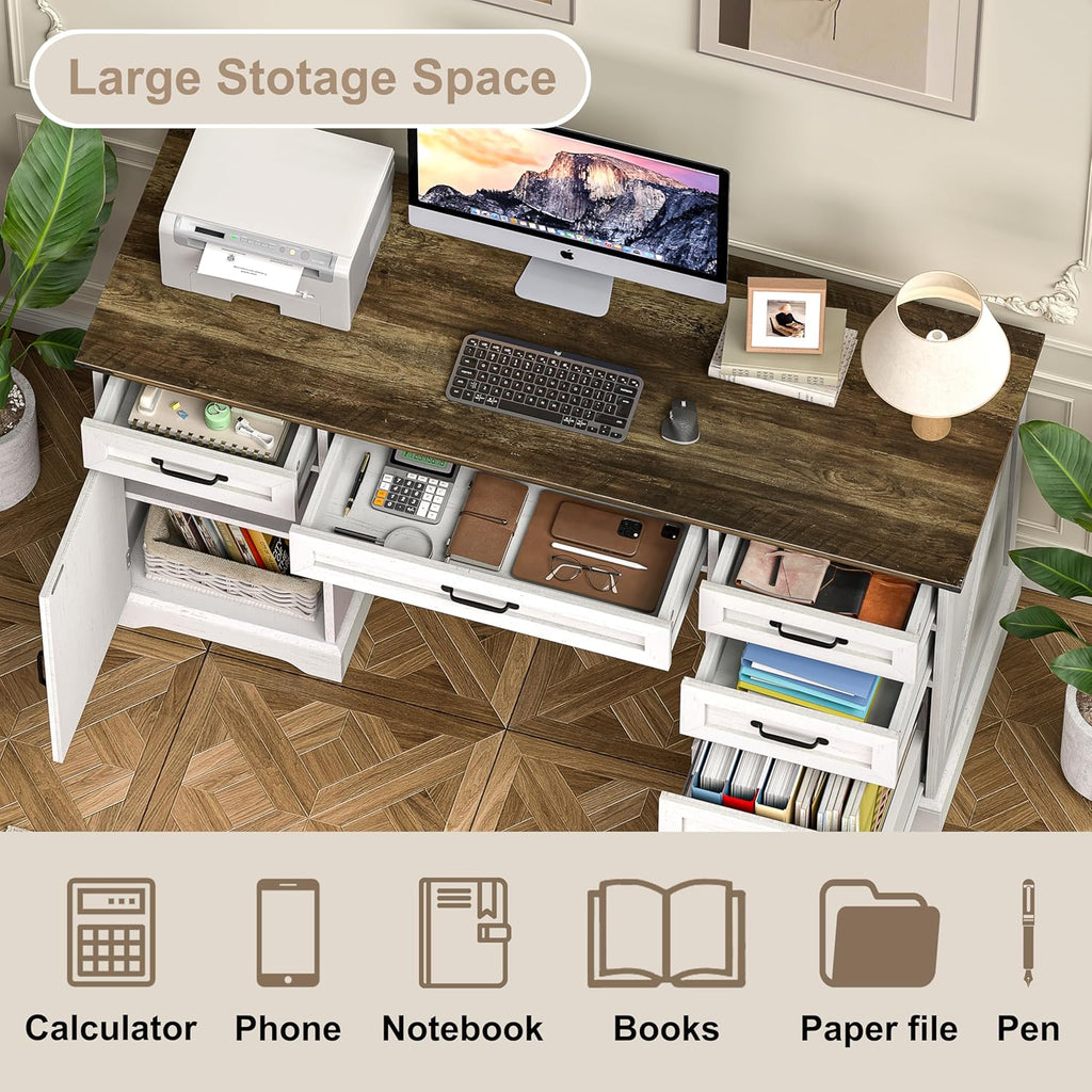 58" Farmhouse Executive Desk Modern Computer Desk with Drawers and File Cabinet Wooden Office Desk for Home Office Workspace with Storage for Working, Studying, Writing (Antique White)