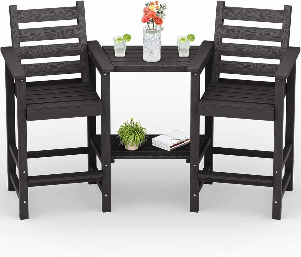 PLUUV Tall Adirondack Chairs Set of 2  All Weather HDPE Poly Bar Height Balcony Adirondack Chair with Removable Double Connecting Trays  Outdoor Adirondack Barstools for Deck  Patio  Yard  Pool  Lawn