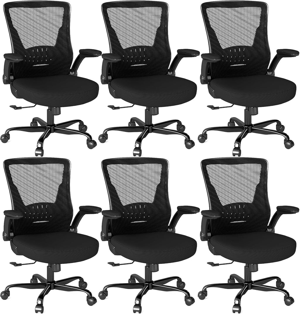 Ergonomic Office Chair, Mesh Desk Chair with Adjustable Height & Flip-Up Armrests, Comfortable Computer Chair for Long Hours, Silent Wheels for Home Office, 6-PCS