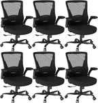 Ergonomic Office Chair, Mesh Desk Chair with Adjustable Height & Flip-Up Armrests, Comfortable Computer Chair for Long Hours, Silent Wheels for Home Office, 6-PCS