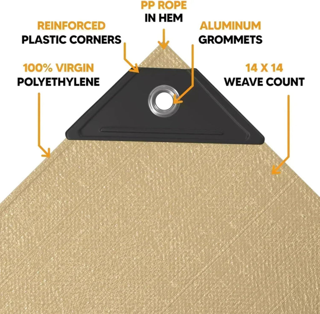 Heavy Duty Waterproof Tarp 14’x20’ – 12 Mil Thick, UV Resistant, Tear & Fade Proof Poly Tan Tarp with Reinforced Grommets, Multipurpose Cover for Roof, Camping, Garden, Boat, Cars & Pool