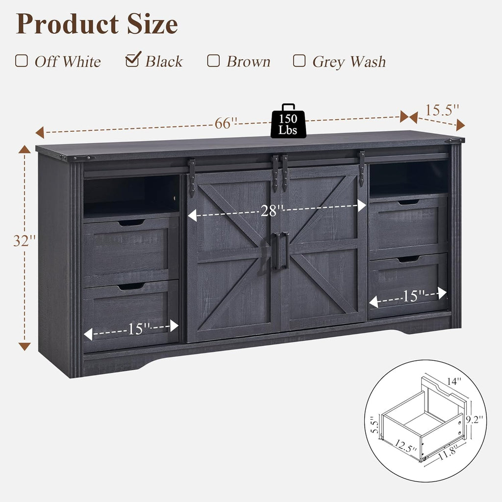 JXQTLINGMU Farmhouse TV Stand for 75+ Inch TV, 32" Tall Entertainment Center w/4 Drawers & Sliding Barn Door, Rustic Media Console w/Storage Shelves, 66" Wood Television Stand for Living Room, Black