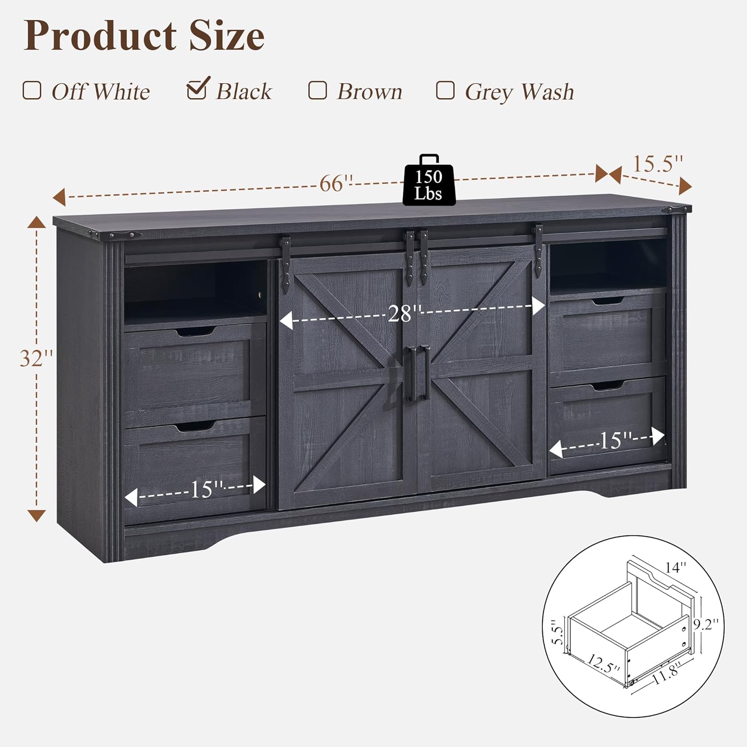 JXQTLINGMU Farmhouse TV Stand for 75+ Inch TV, 32" Tall Entertainment Center w/4 Drawers & Sliding Barn Door, Rustic Media Console w/Storage Shelves, 66" Wood Television Stand for Living Room, Black